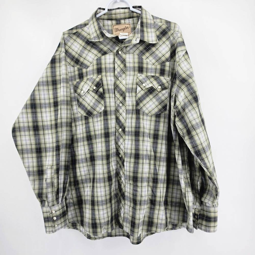 Wrangler Western Pearl Snap Shirt Mens 2XL Green Plaid Long Sleeve WM874GN